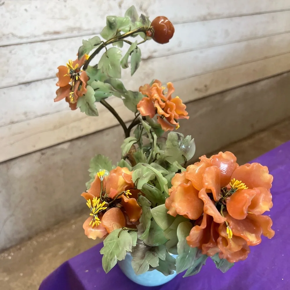 Orange Floral Jade / Glass Sculpture